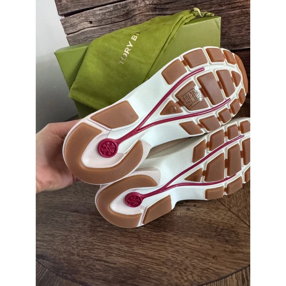 Tory Burch Good Luck Trainer Sneakers Cream Taupe Red 141503 Womens 7 Rare color